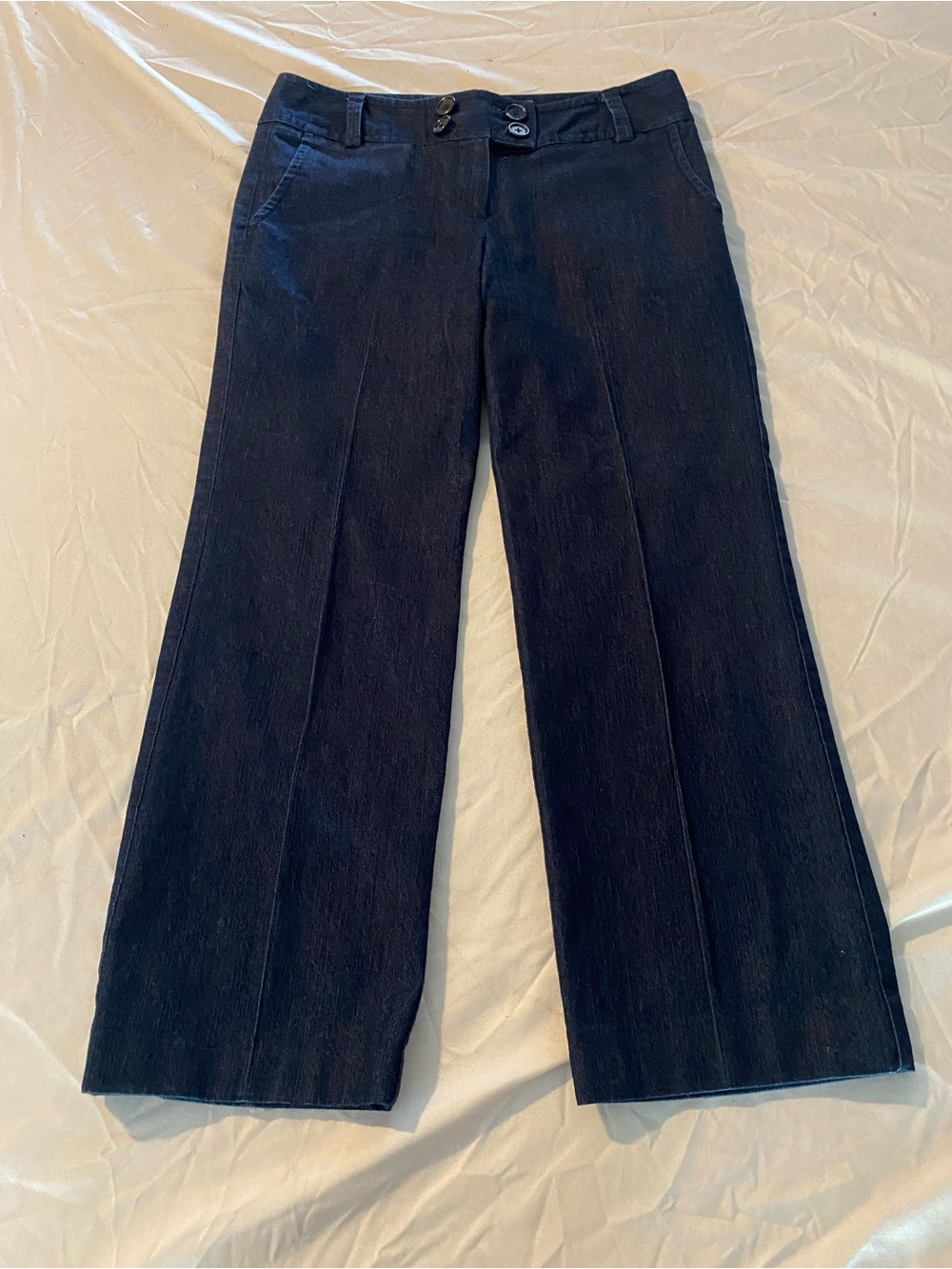 New Directions Dark Indigo Denim Trouser Pants Size 4 Petite Four Button